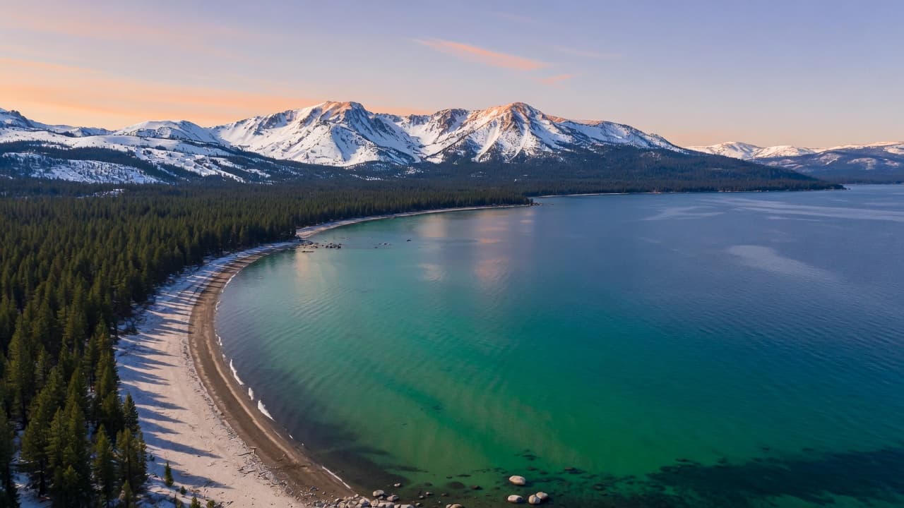 Expansive Lake Tahoe shoreline with mountains and emerald blue water