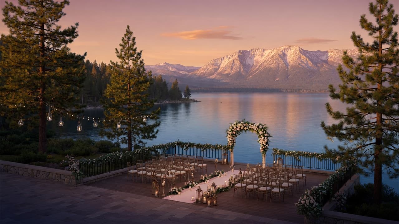 Romantic Lake Tahoe lakeside wedding venue at sunset