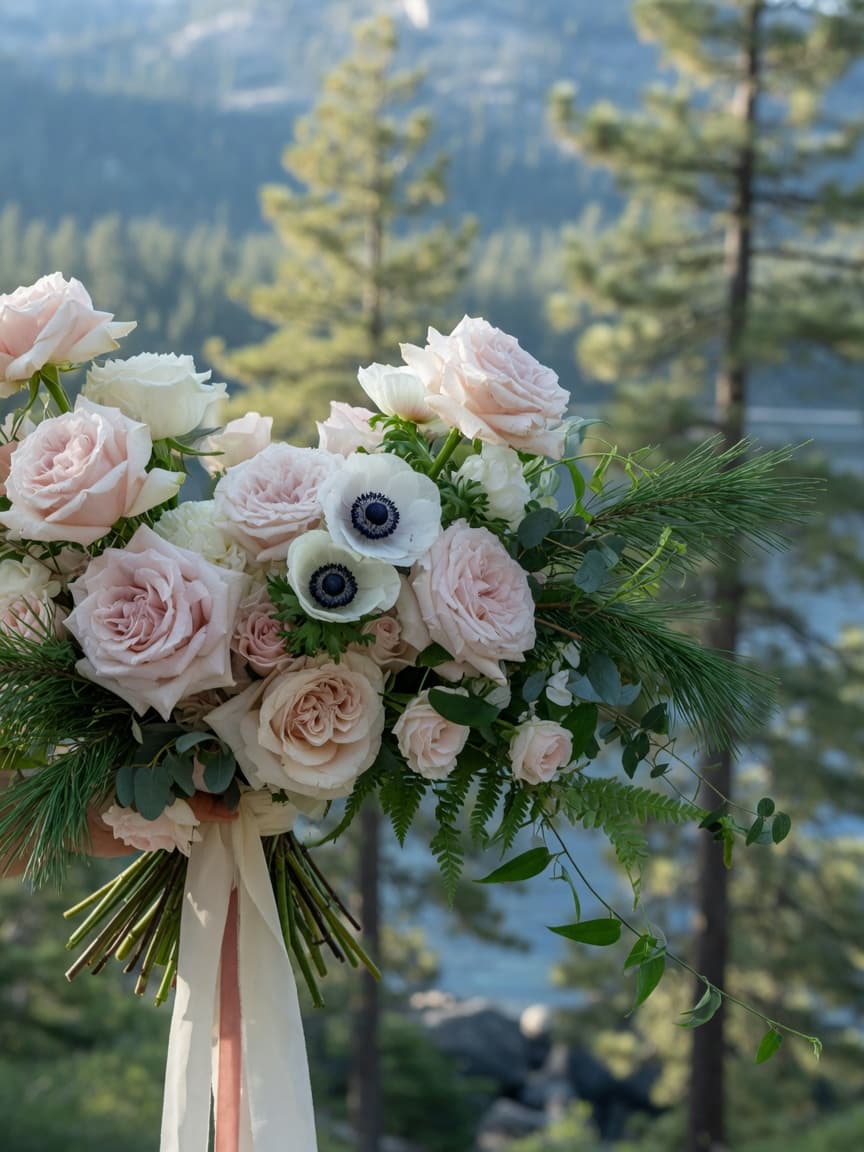 Elegant Lake Tahoe wedding bridal bouquet with garden roses, anemones, and trailing greenery
