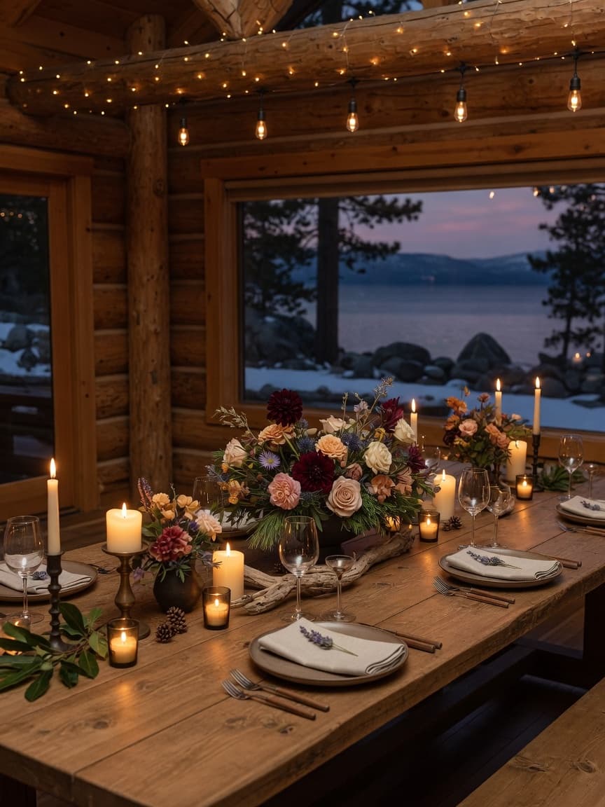 Artful wedding reception table centerpieces at a Lake Tahoe lodge