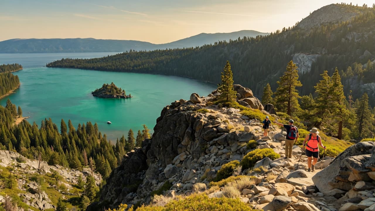 Hikers on a scenic trail above Lake Tahoe with alpine lake views and Sierra peaks