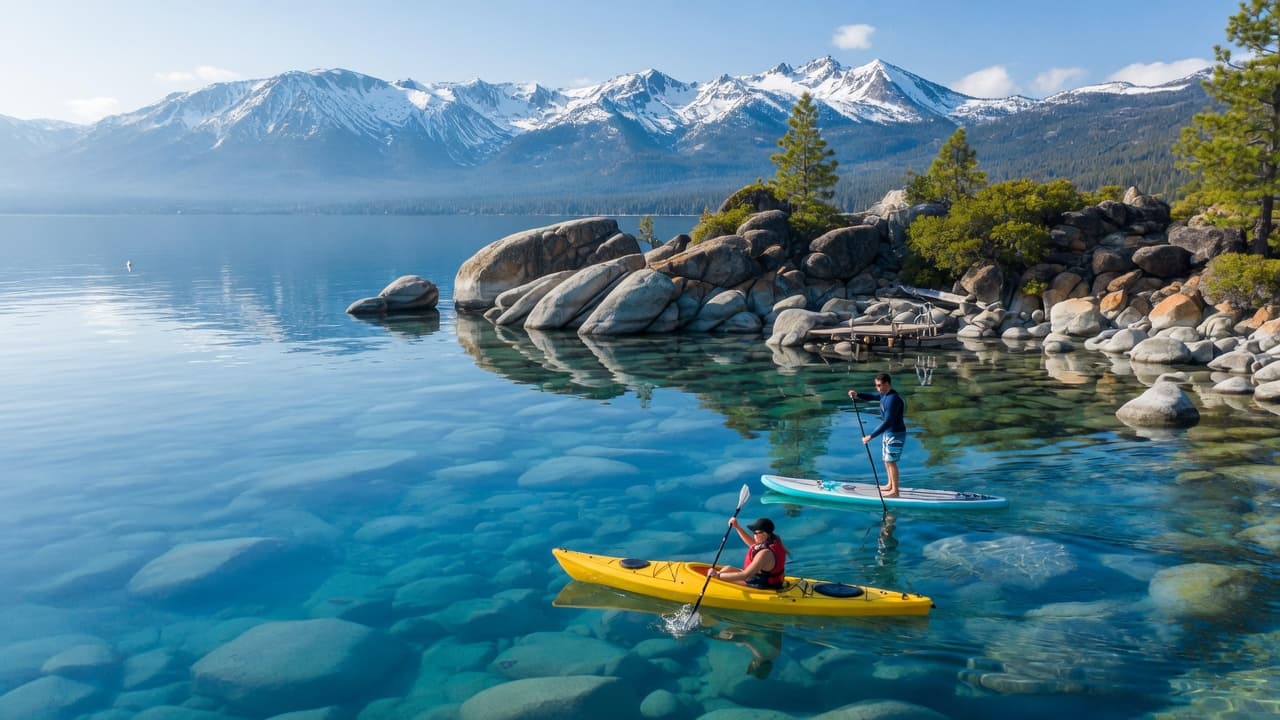 Kayaker and paddleboarder on clear blue Lake Tahoe water with mountains in the background