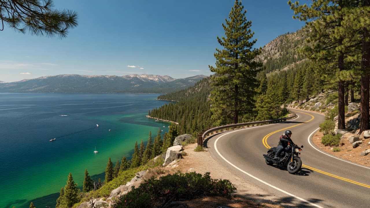 Motorcyclist on a scenic highway overlooking Lake Tahoe in summer