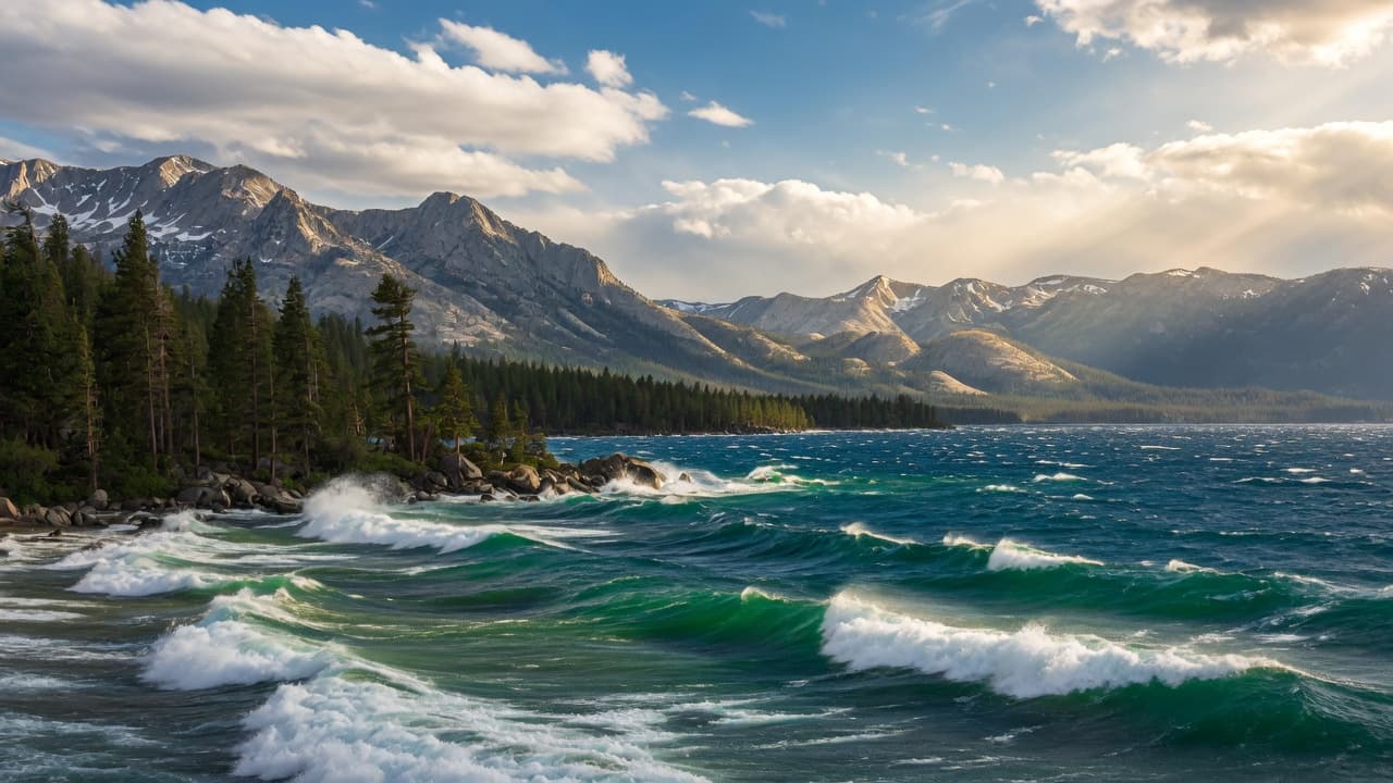 Windy summer day on Lake Tahoe with white-capped waves, pine shoreline, and Sierra mountains under a partly cloudy sky